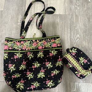 Vera Bradley Floral Black Tote Bag with Matching Pouch